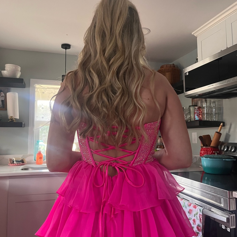 Vibrant Pink Strapless Ruffled Gown - Picture 2 of 6